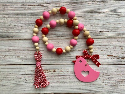 Valentine’s Wood Bead Garland, Love Bird Valentine tiered tray decor, Farmhouse bead garland with tassel, customizable tag color - image1